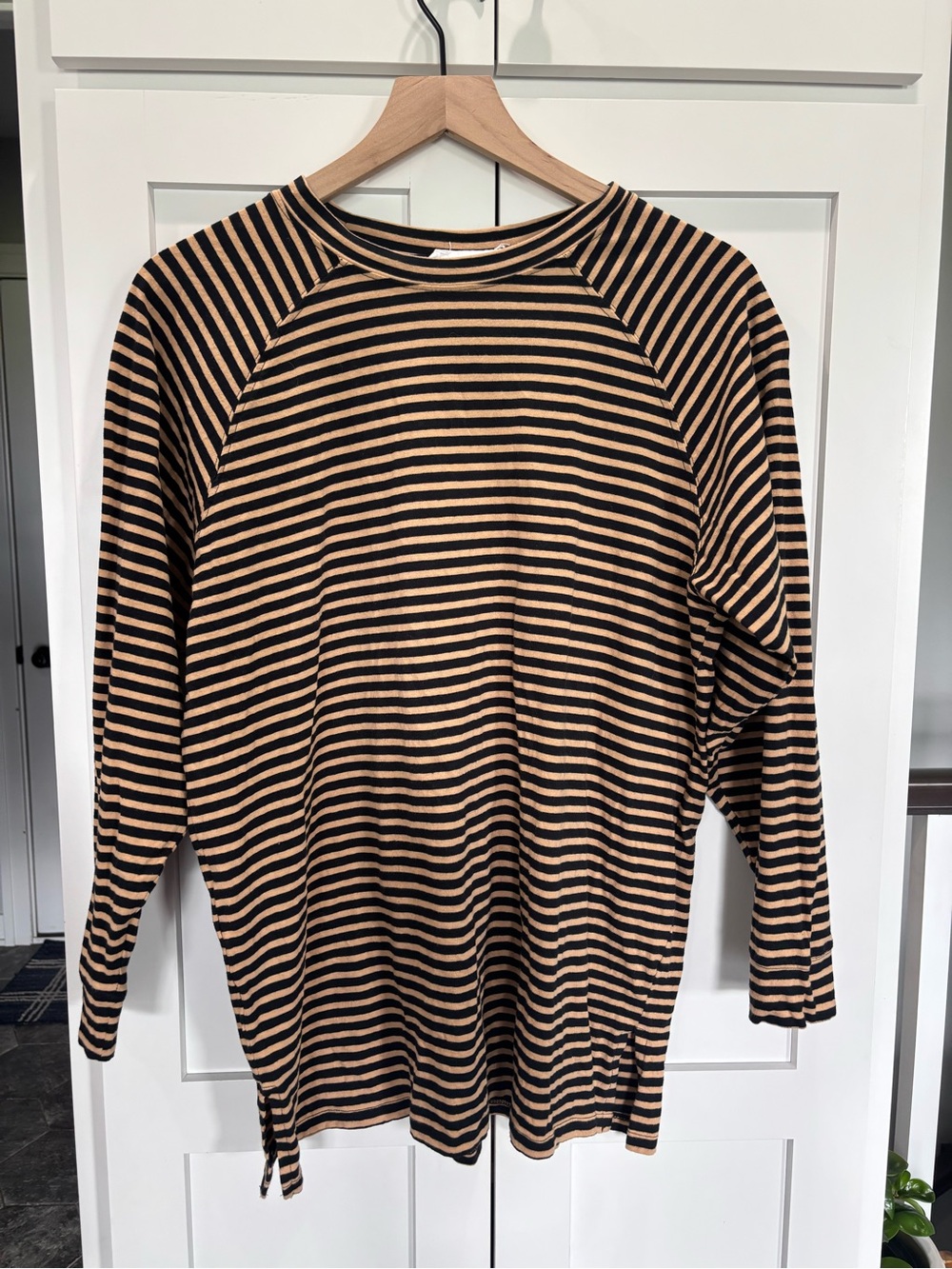 ✨Mango Cotton Large Black and Tan Striped Long Sleeve Top